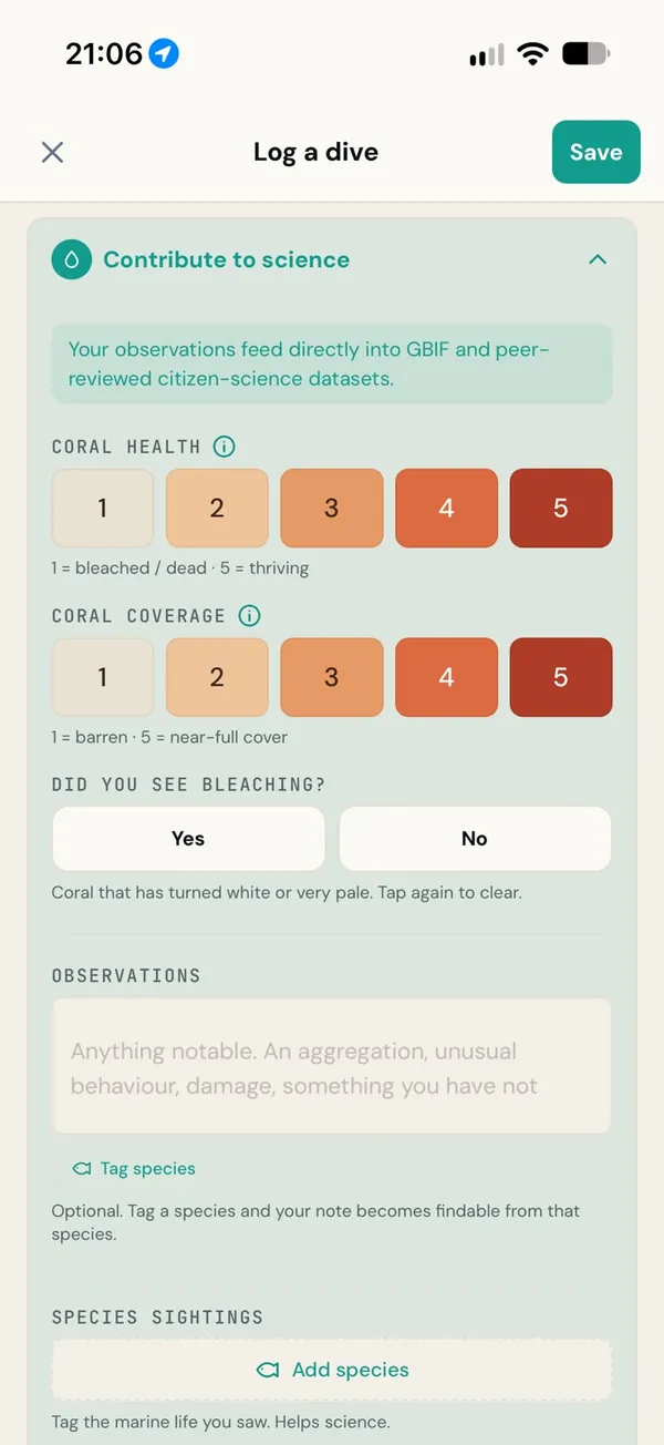 Logging a dive in DIVR: the coral health and coverage scales